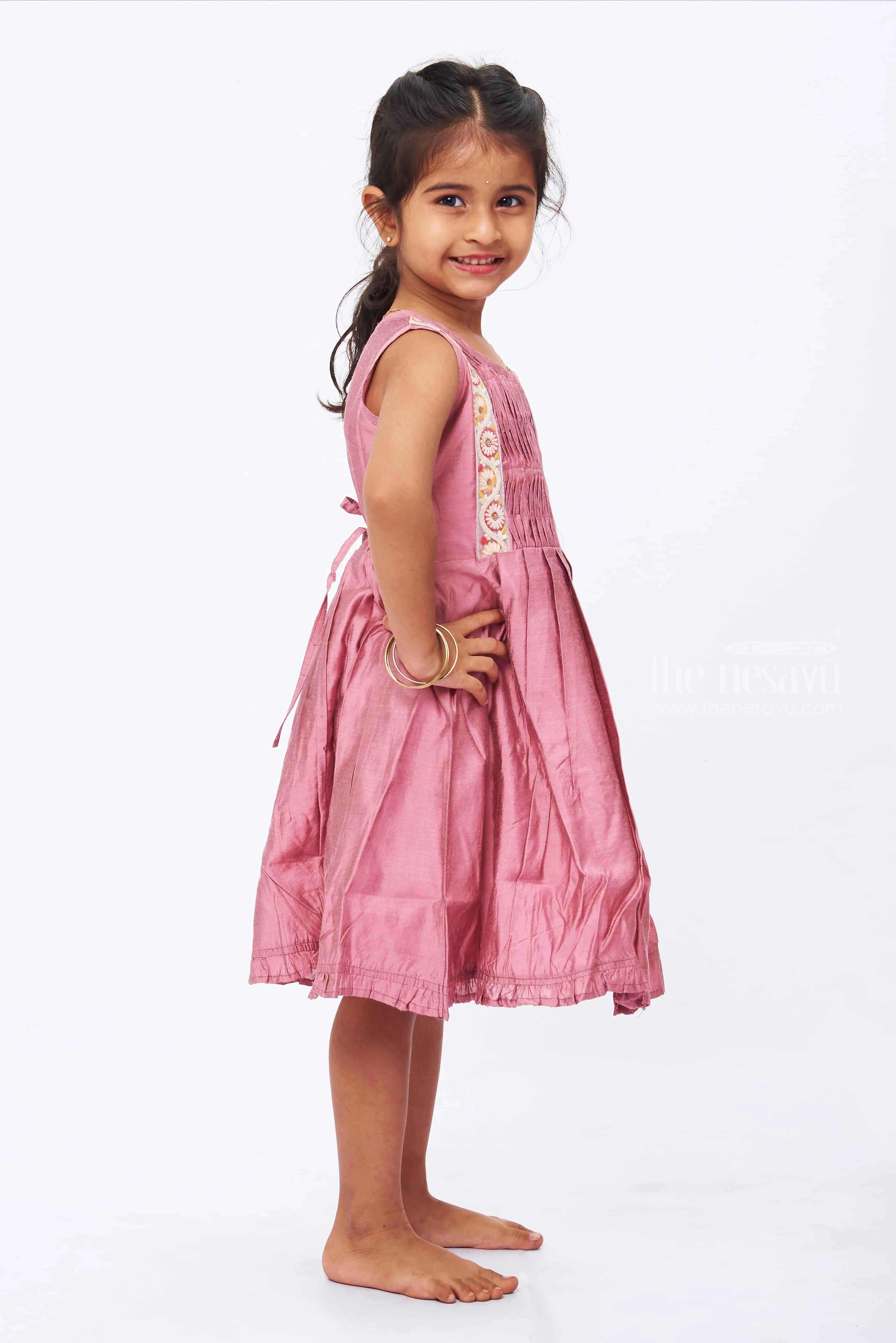 Floral Lace-Adorned Pink Pleated Cotton Frock for Girls