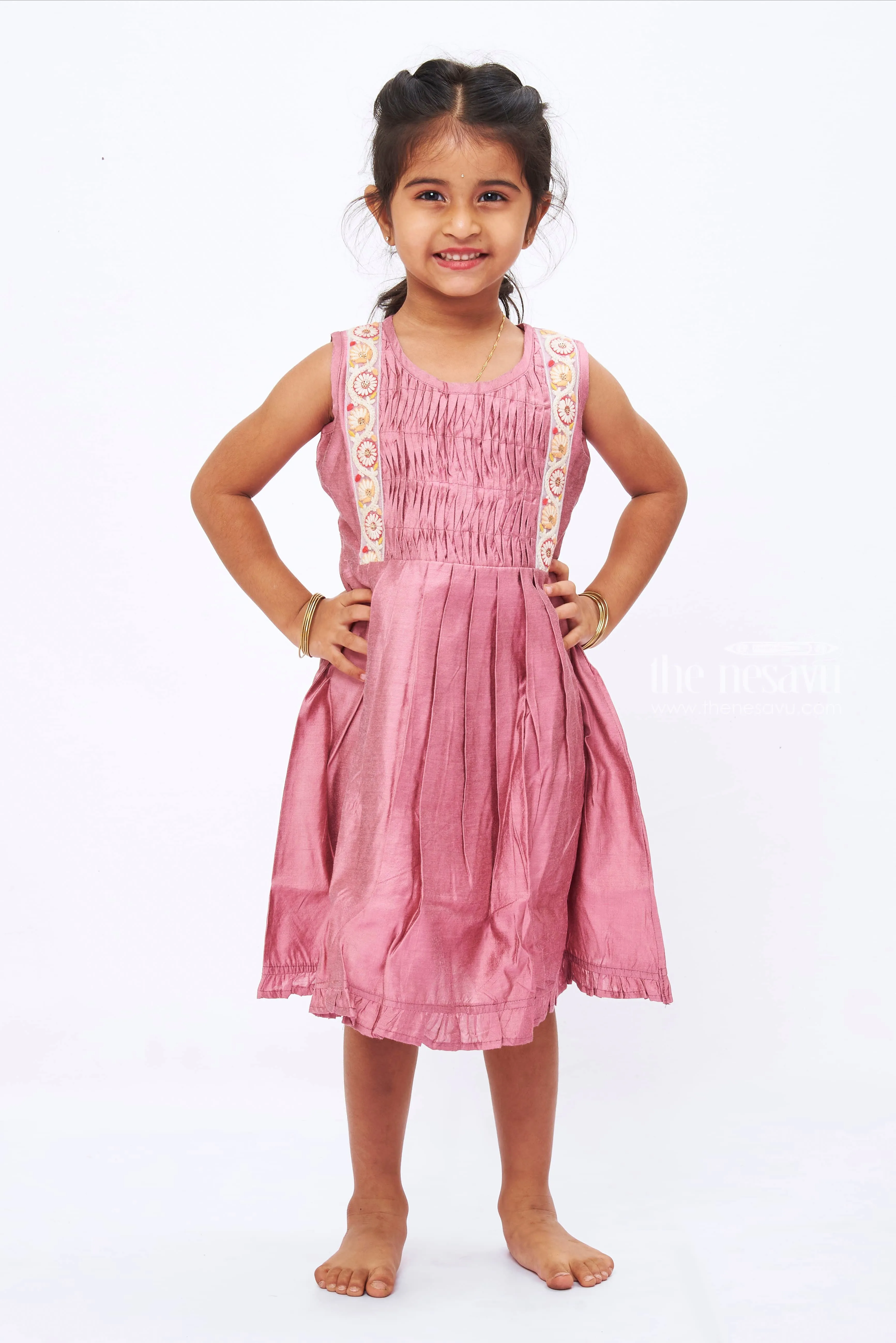 Floral Lace-Adorned Pink Pleated Cotton Frock for Girls