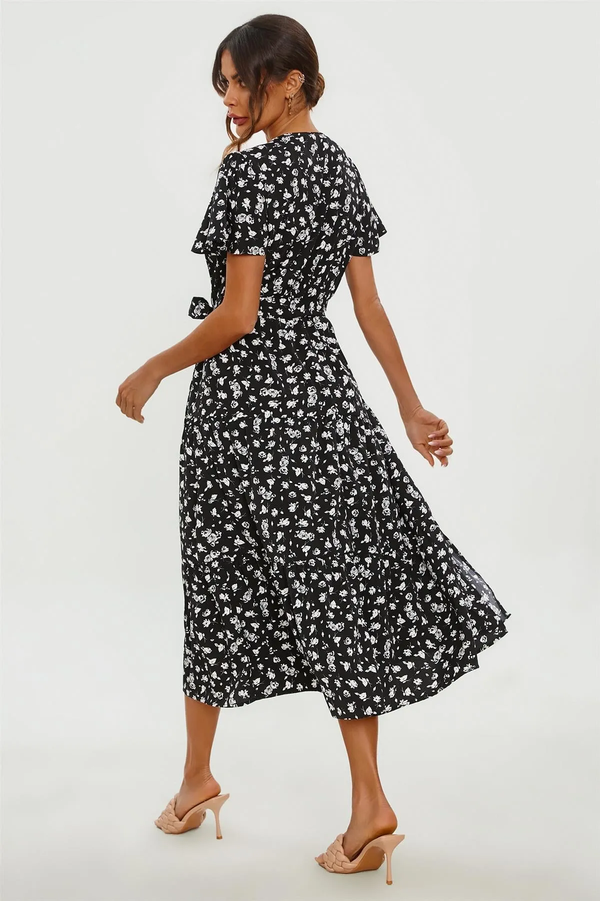 FS Collection White Floral Print Hem Tiered Wrap Midi Dress In Black