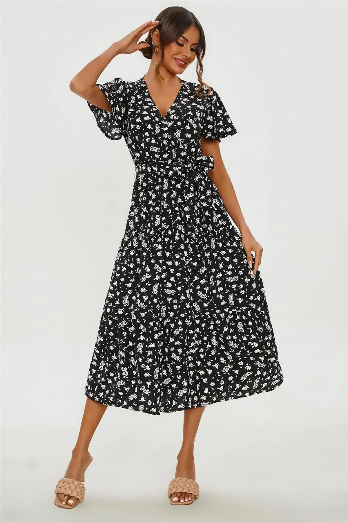 FS Collection White Floral Print Hem Tiered Wrap Midi Dress In Black