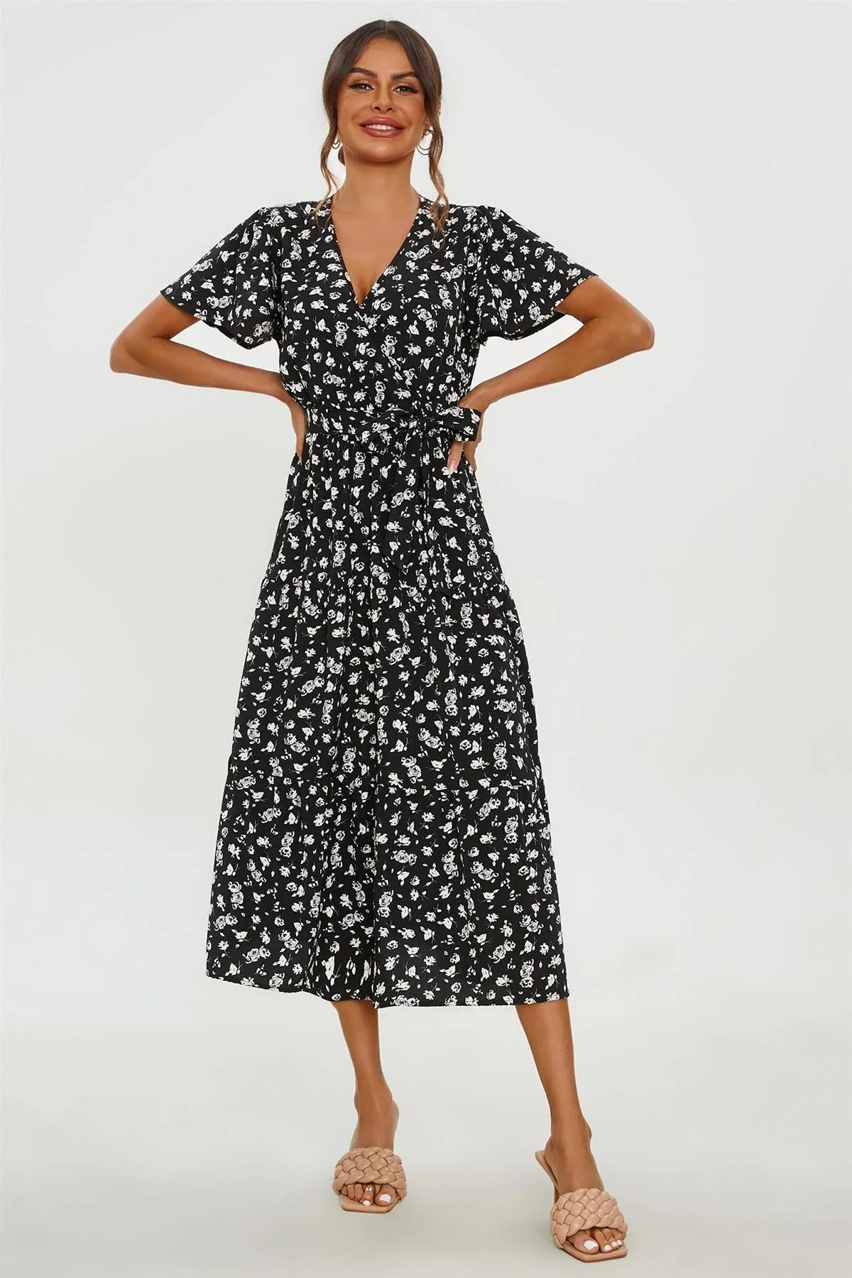 FS Collection White Floral Print Hem Tiered Wrap Midi Dress In Black