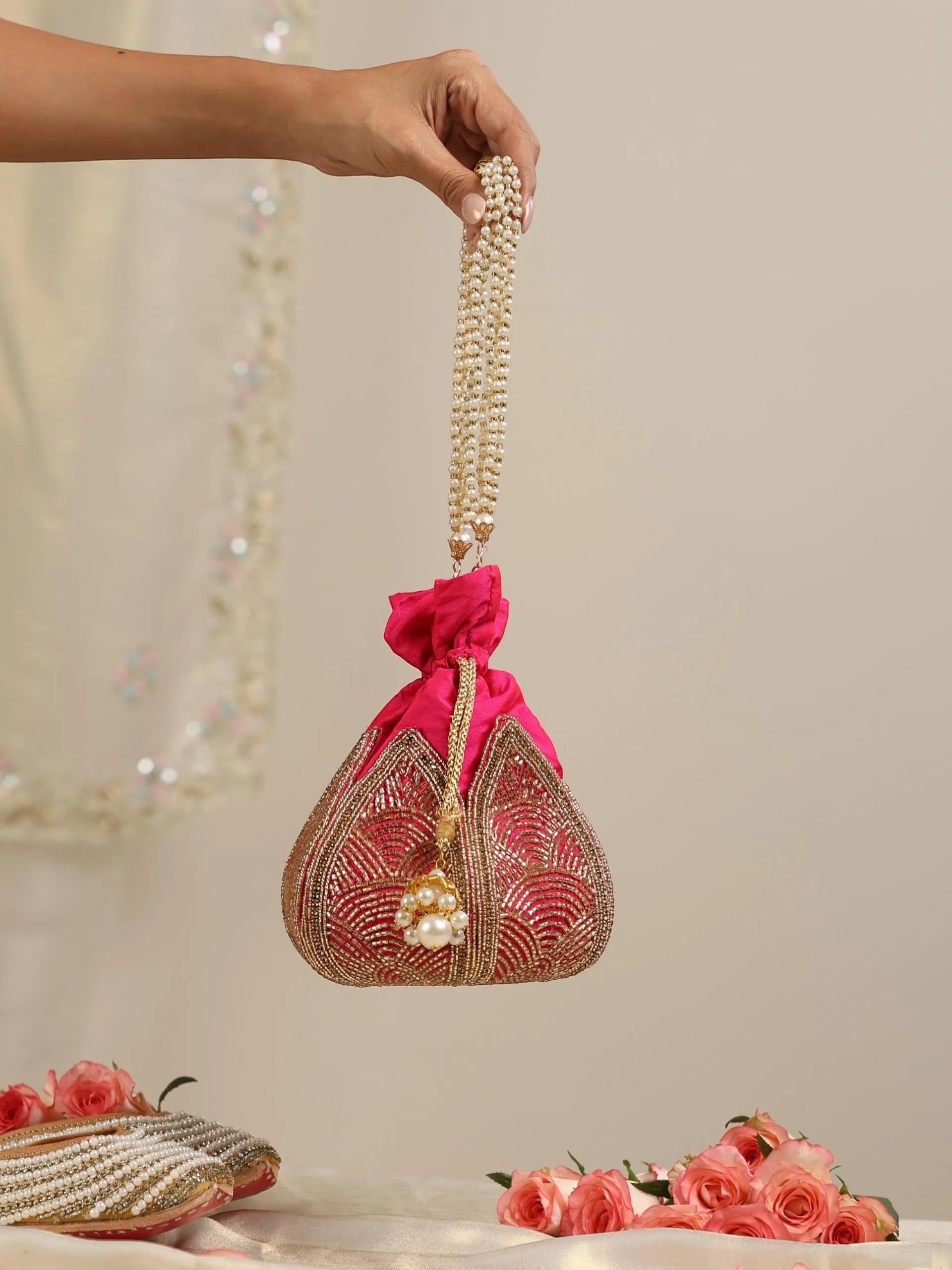 Fuchsia Embroidered Lotus Potli Bag