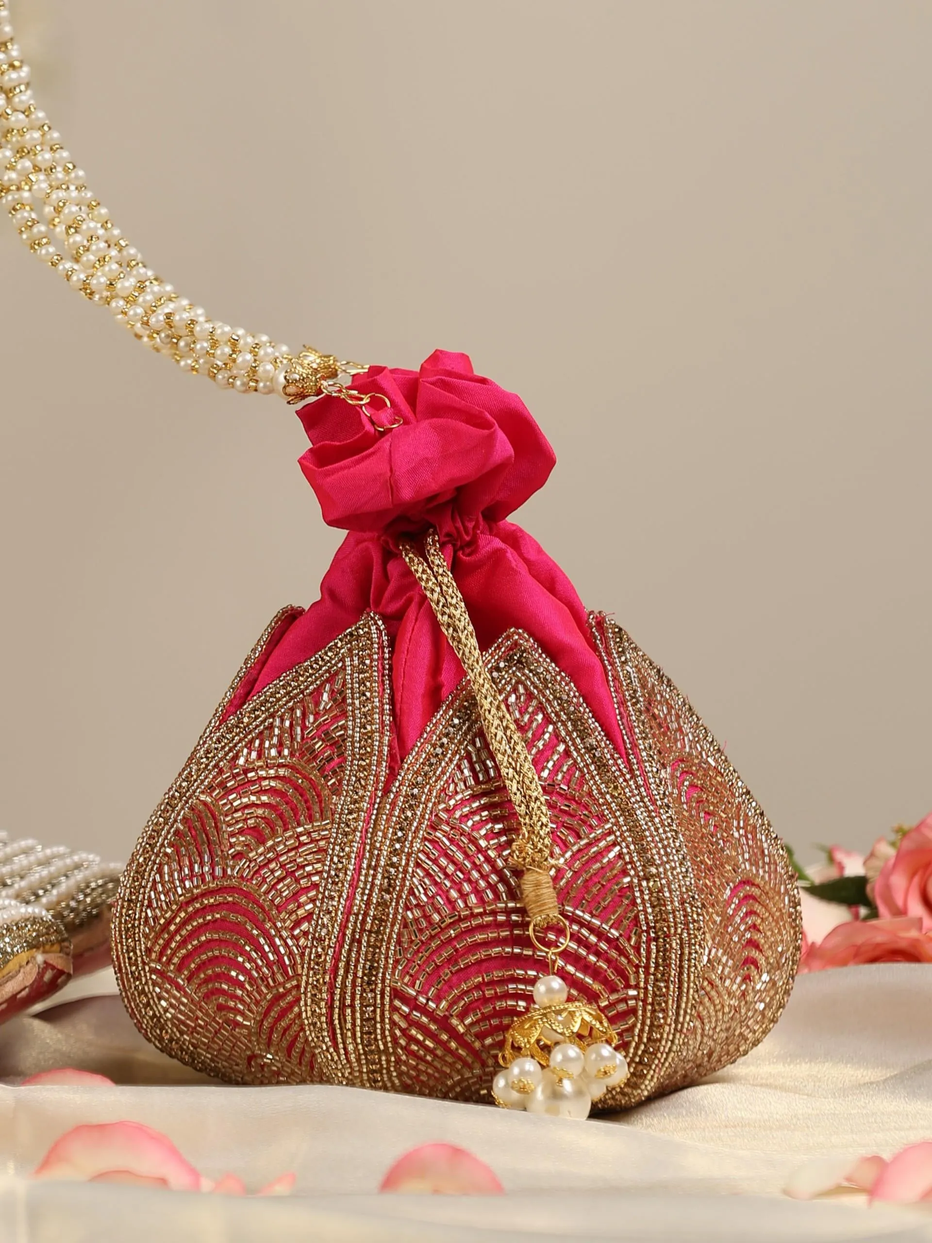 Fuchsia Embroidered Lotus Potli Bag