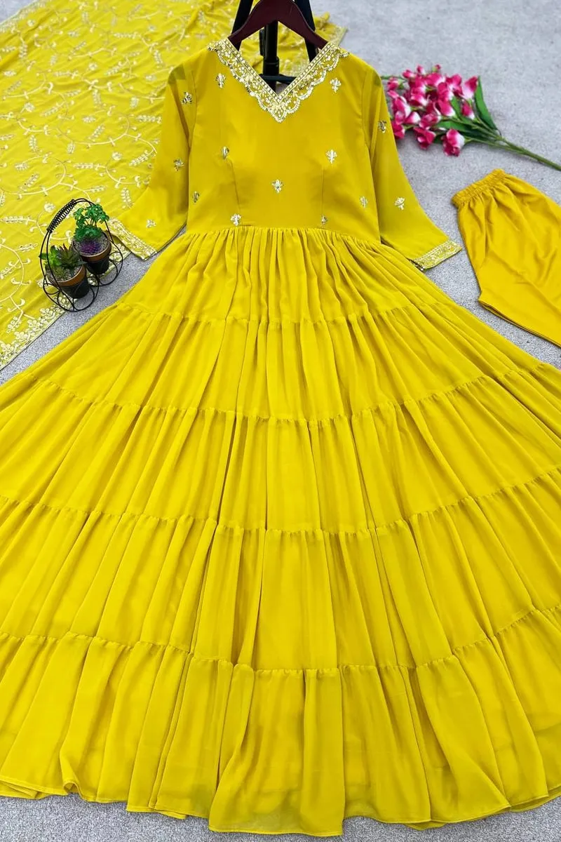 Full Sleeve Ruffle Gown For Haldi Function