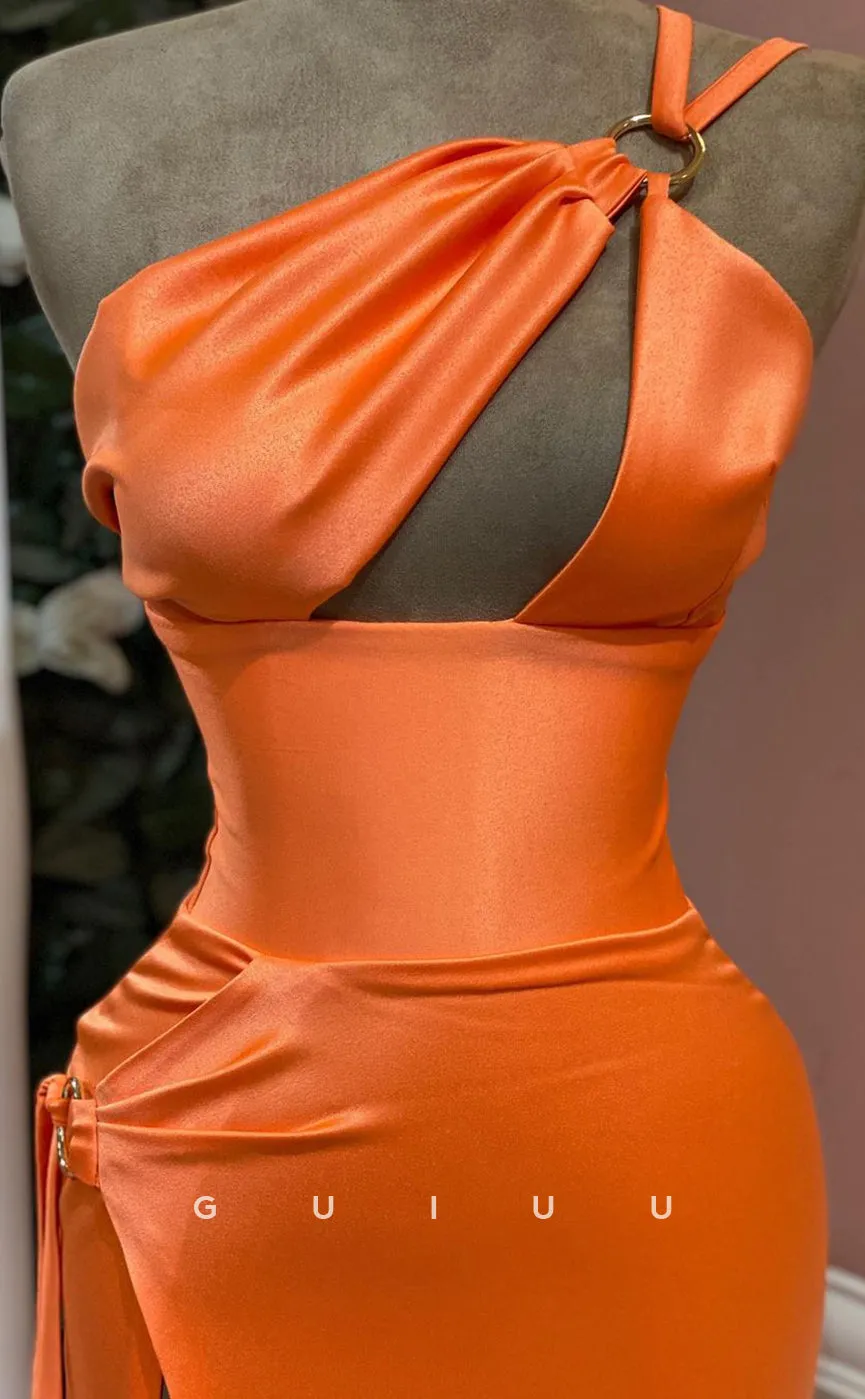 G2507 - Sexy Chic One Shoulder Satin Strappy Orange Long Prom Evening Dress