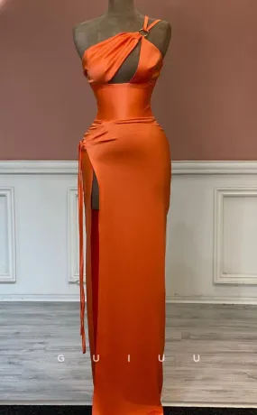 G2507 - Sexy Chic One Shoulder Satin Strappy Orange Long Prom Evening Dress