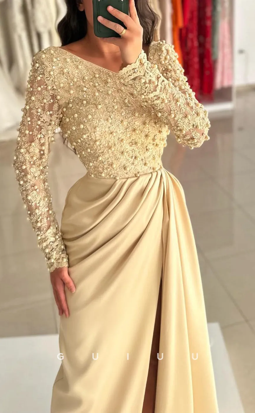 G3858 - Chic & Modern Sheath Asymmetrical Beaded and Floral Appliqued Formal Party Gown Prom Dress with High Side Slit and Overlay