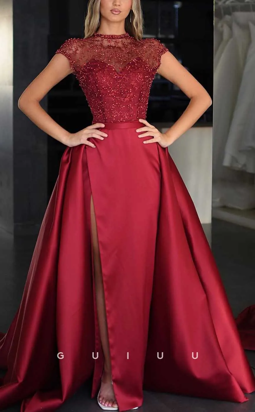 G4107 - Chic & Modern Sheath Scoop Illusion Beaded and Draped Formal Evening Party Prom Dress with High Side Slit and Overlay