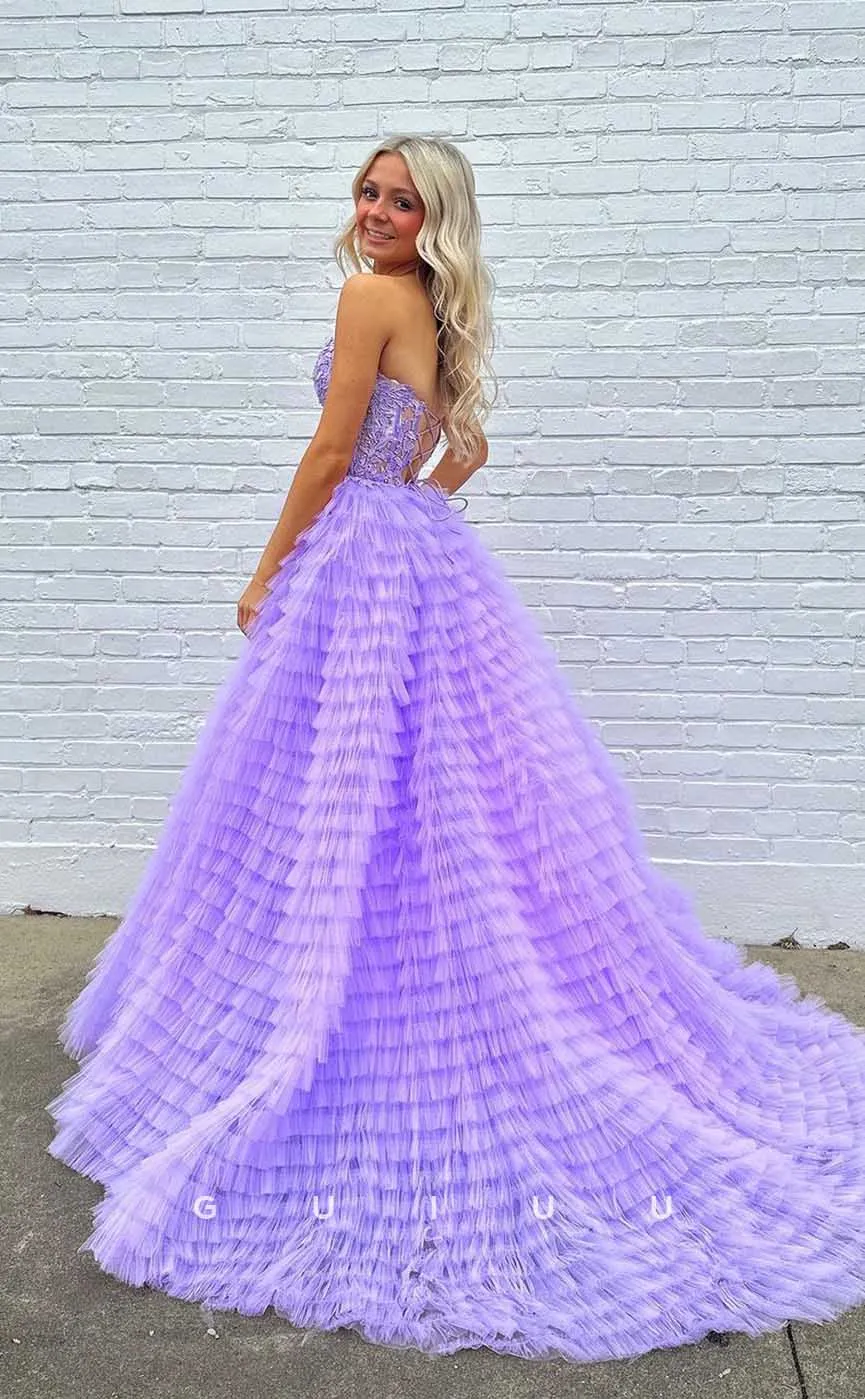 G4449 - Chic & Modern A-Line Tulle Tiered Strapless Pleats Appliques Long Sweep Prom Evening Dress with Slit