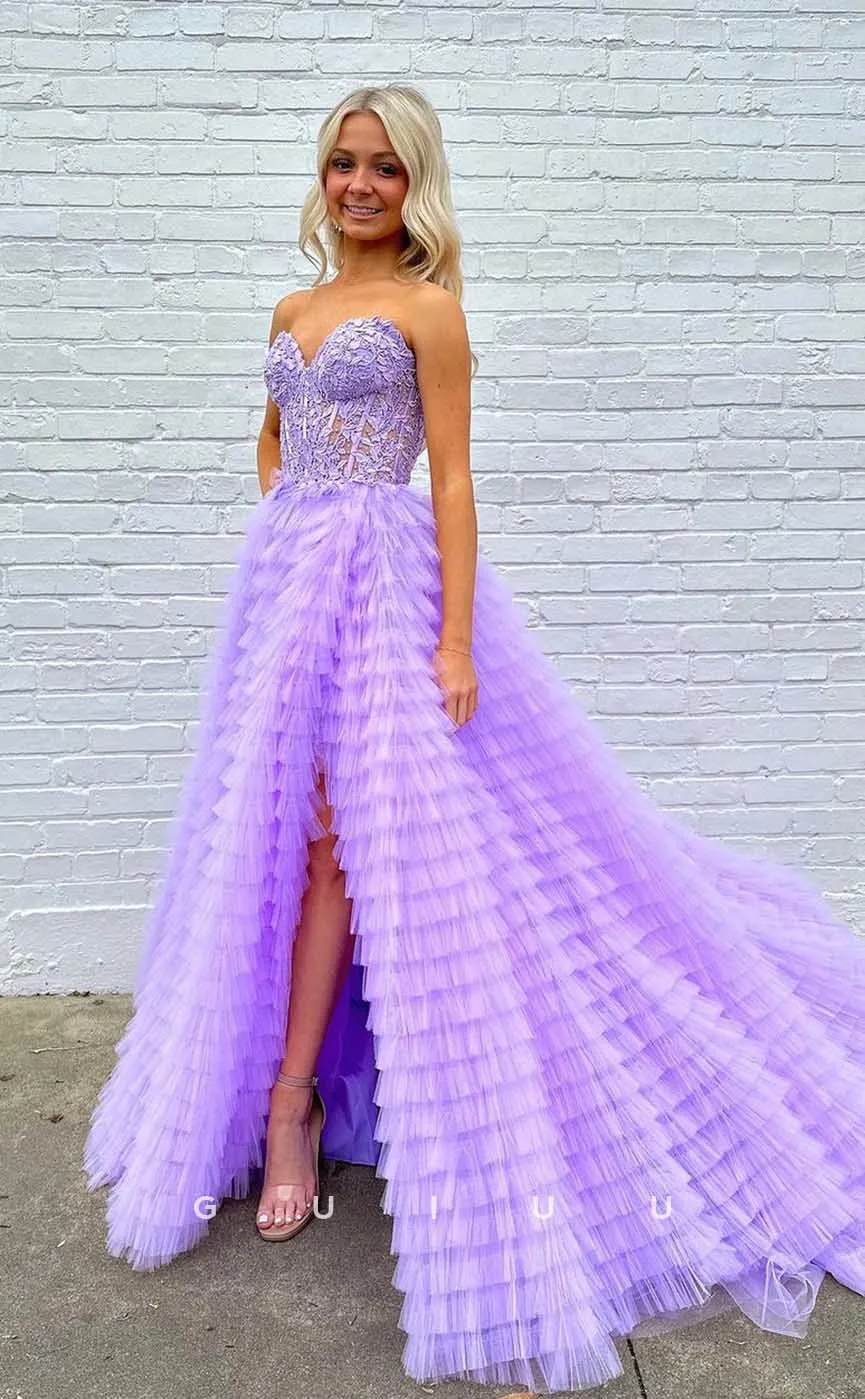 G4449 - Chic & Modern A-Line Tulle Tiered Strapless Pleats Appliques Long Sweep Prom Evening Dress with Slit