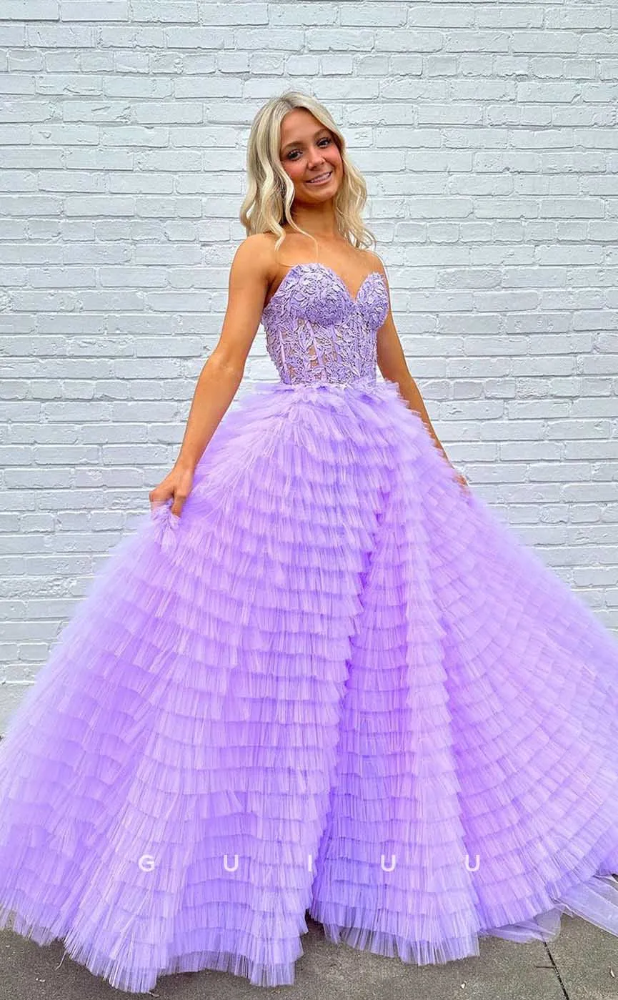 G4449 - Chic & Modern A-Line Tulle Tiered Strapless Pleats Appliques Long Sweep Prom Evening Dress with Slit