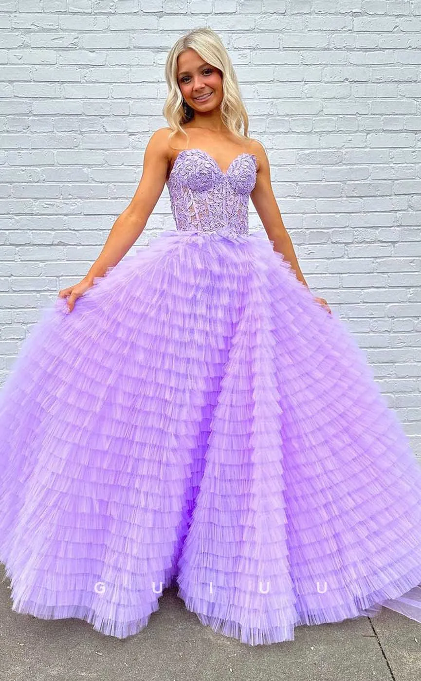 G4449 - Chic & Modern A-Line Tulle Tiered Strapless Pleats Appliques Long Sweep Prom Evening Dress with Slit