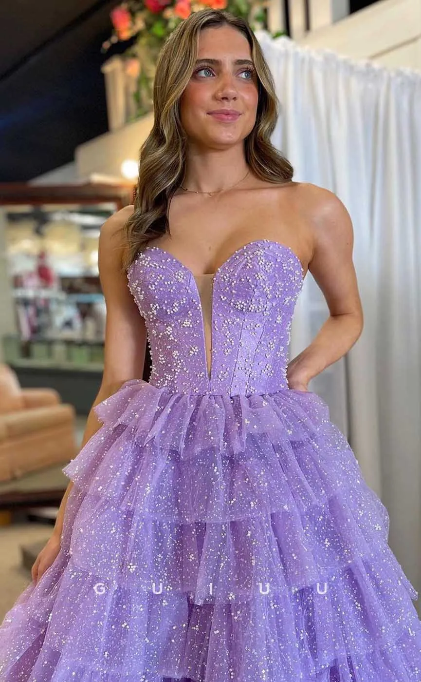 G4486 - Chic & Cute A-Line Strapless Sleeveless Purple Tulle Tiered Shiny Long Party Prom Evening Gown