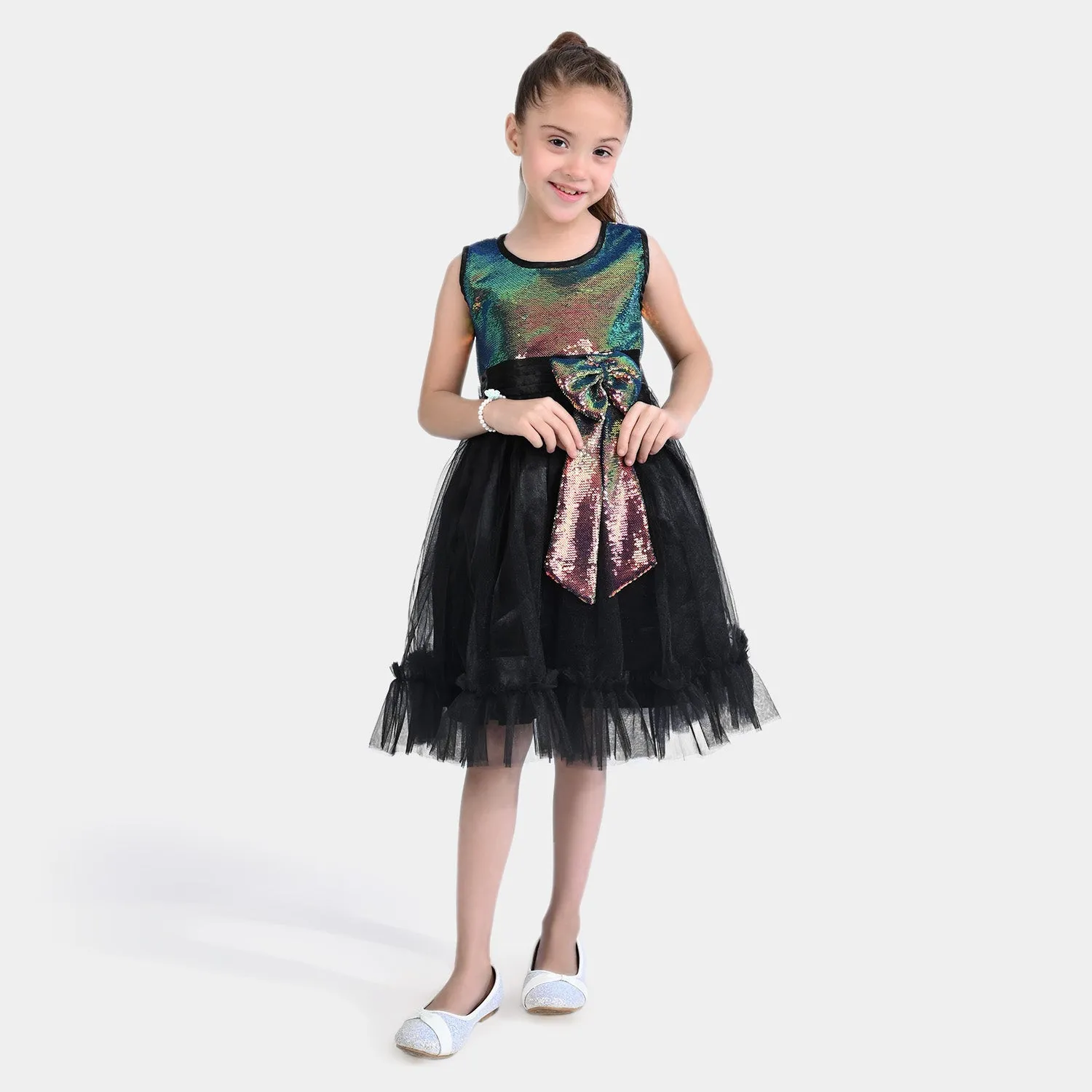 Girls Fancy Frock Multi Black Sequins-BLACK