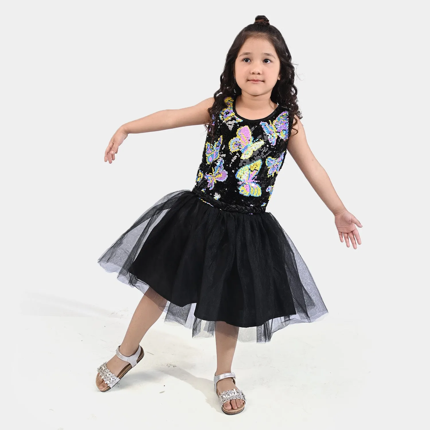 Girls Fancy Frock Sequins ButterFly-BLACK