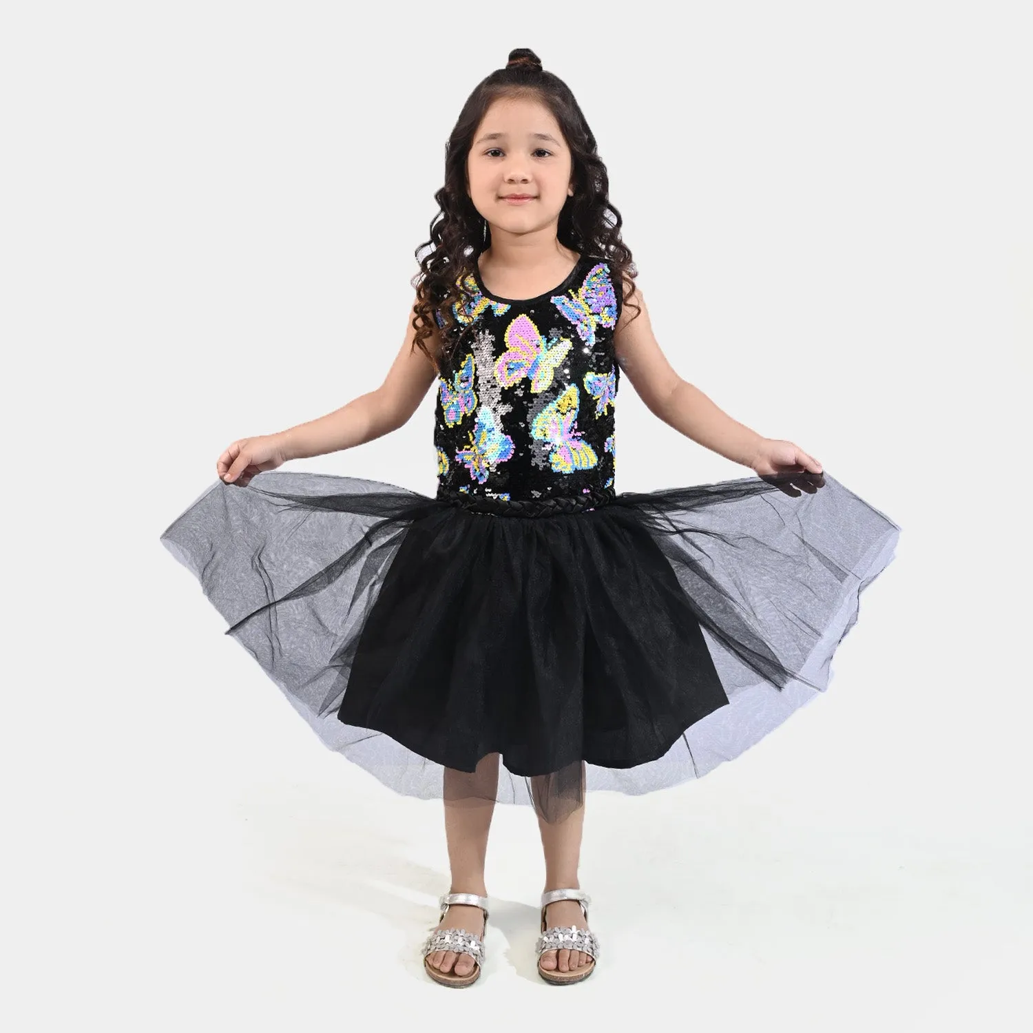 Girls Fancy Frock Sequins ButterFly-BLACK