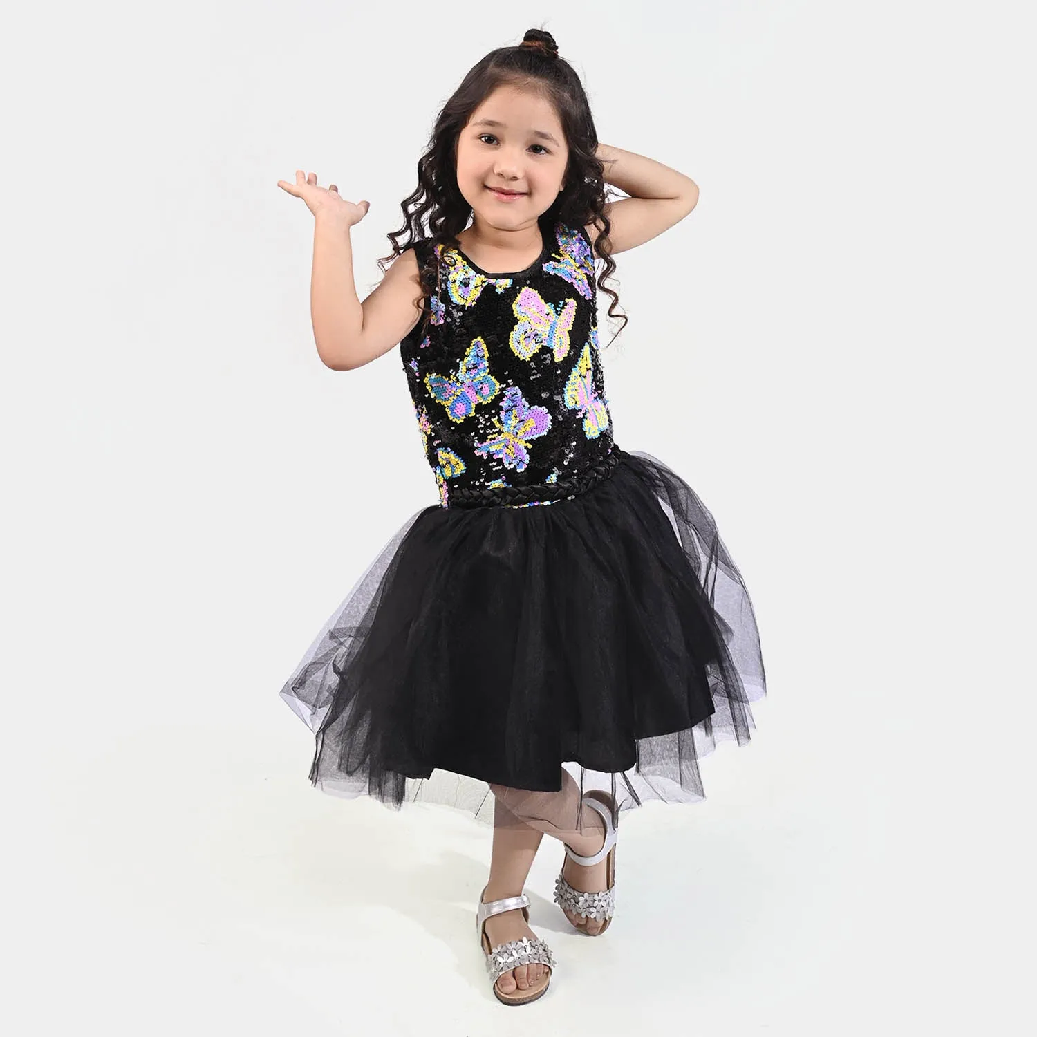 Girls Fancy Frock Sequins ButterFly-BLACK