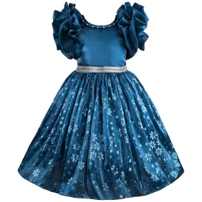 Girls Floral Shimmery Ruffle Sleeve Dress