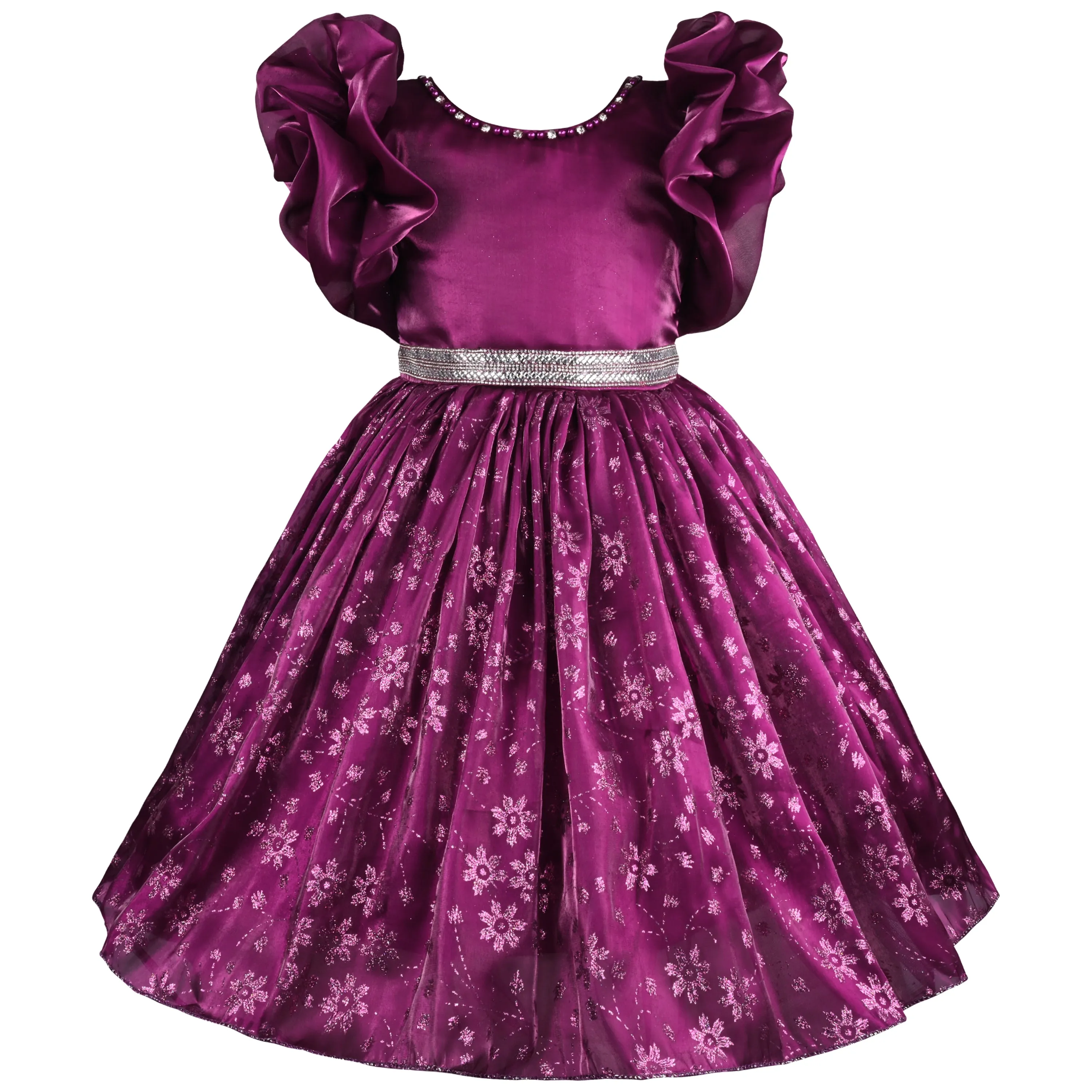 Girls Floral Shimmery Ruffle Sleeve Dress