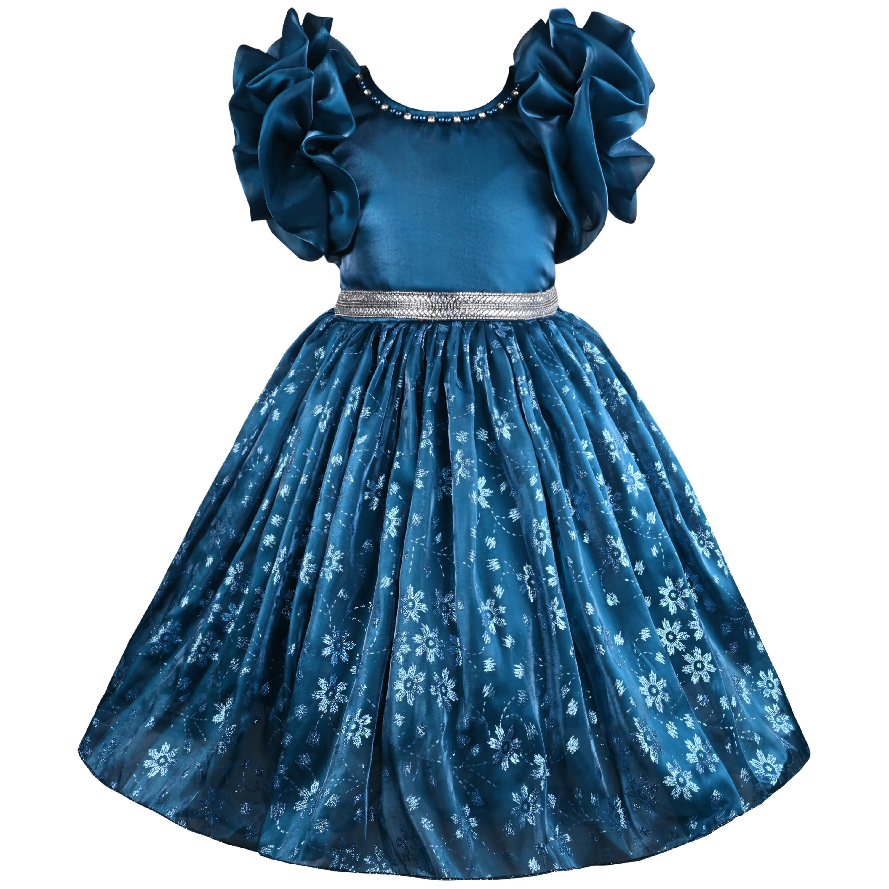 Girls Floral Shimmery Ruffle Sleeve Dress