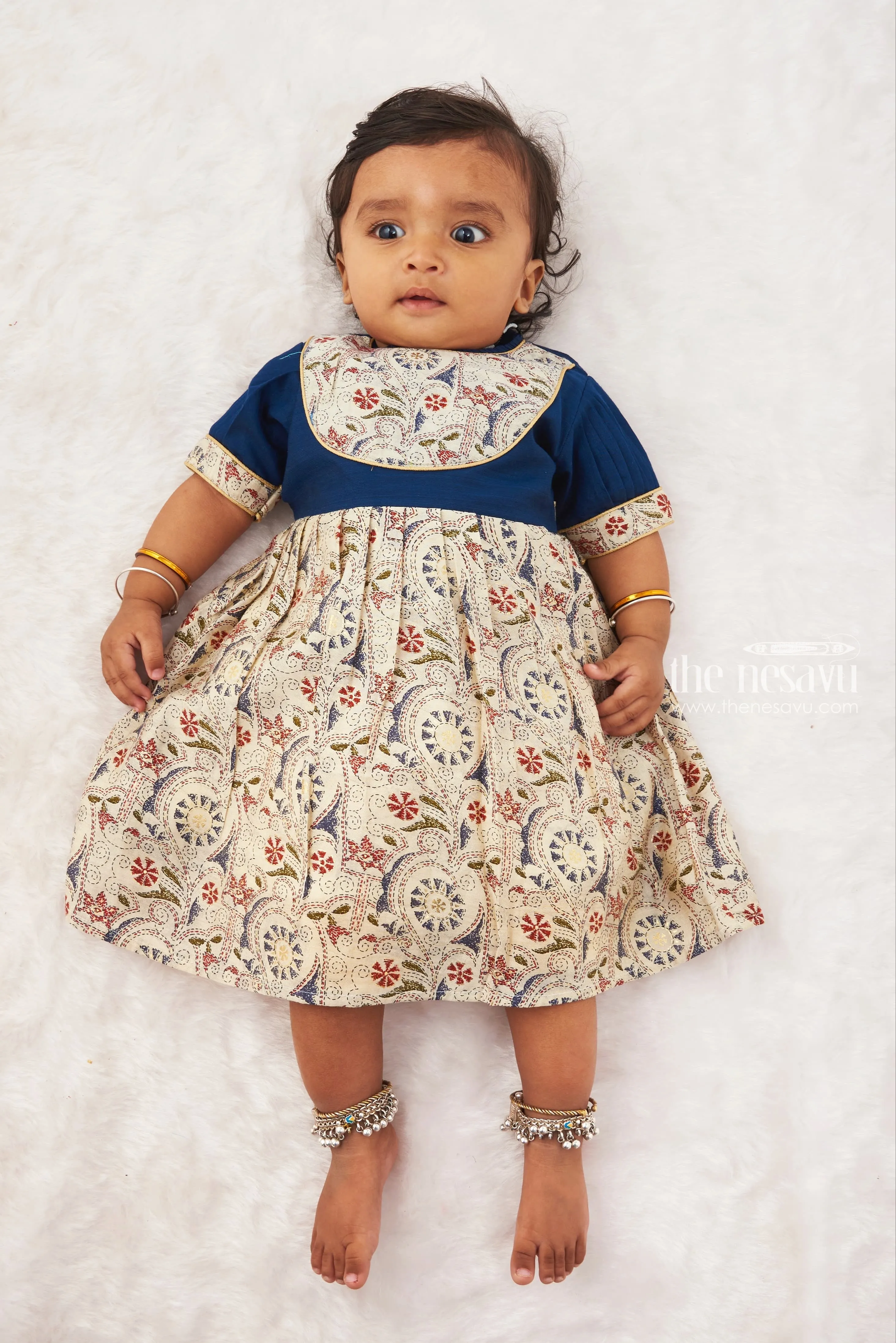 Girls Navy Top with Floral Medallion Printed Cotton Frock