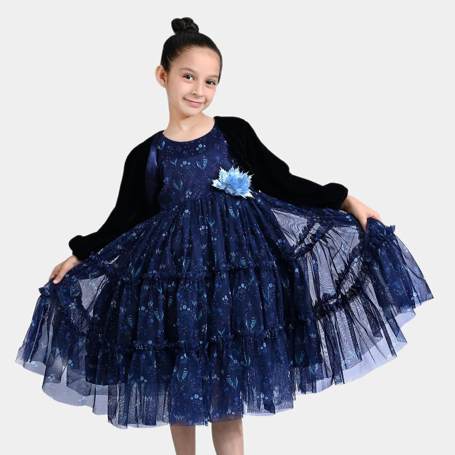 Girls Net Fancy Frock Gathered-Blue