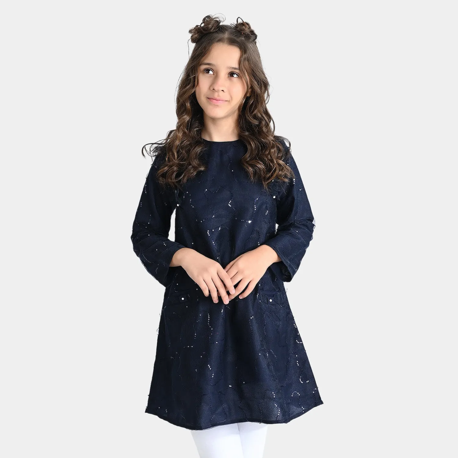 Girls Poly Net Dress Bow Pearls-Navy Blue