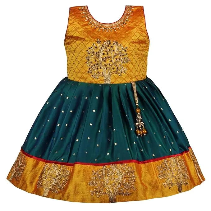 Girls Satin Silk Embroidered Ethnic Dress