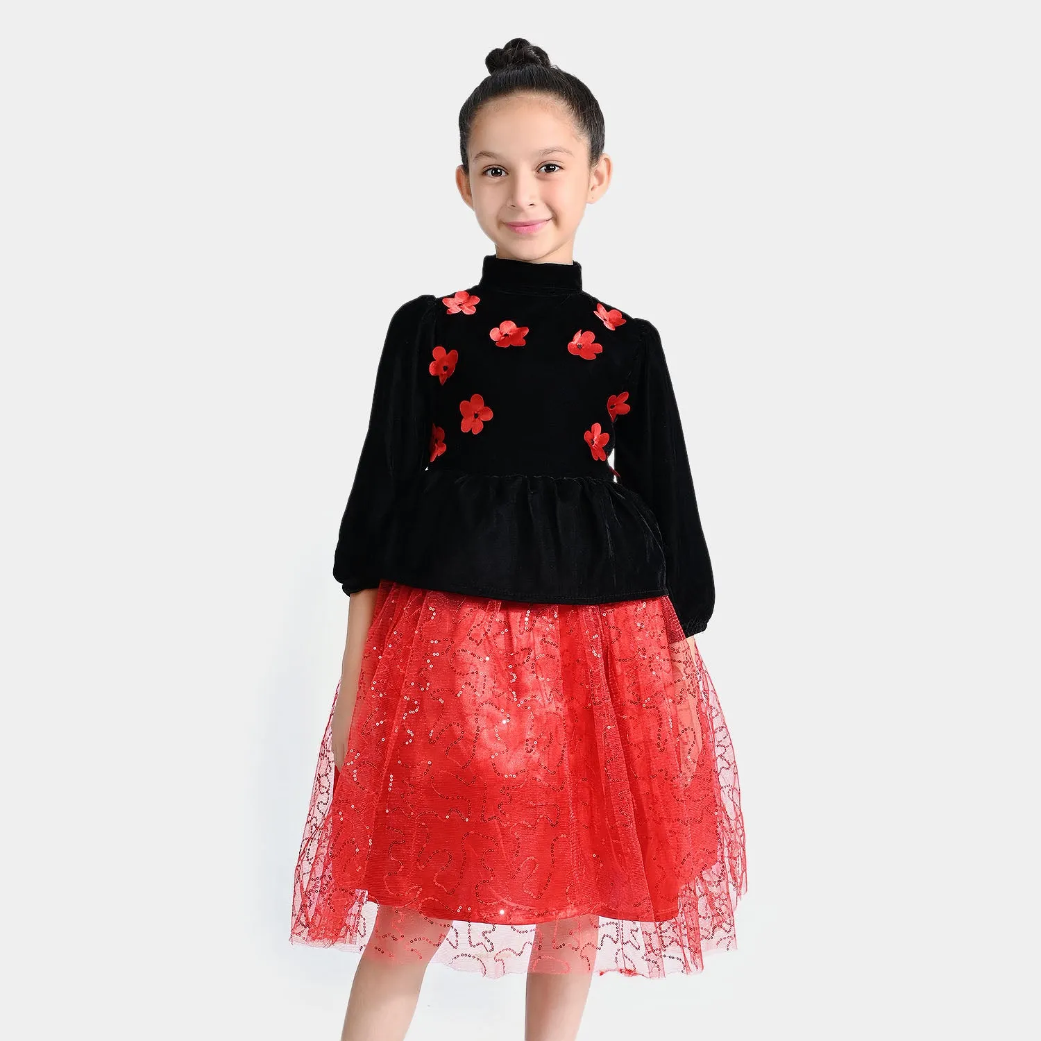 Girls Velvet & Net Fancy Frock Sequence-B.Red