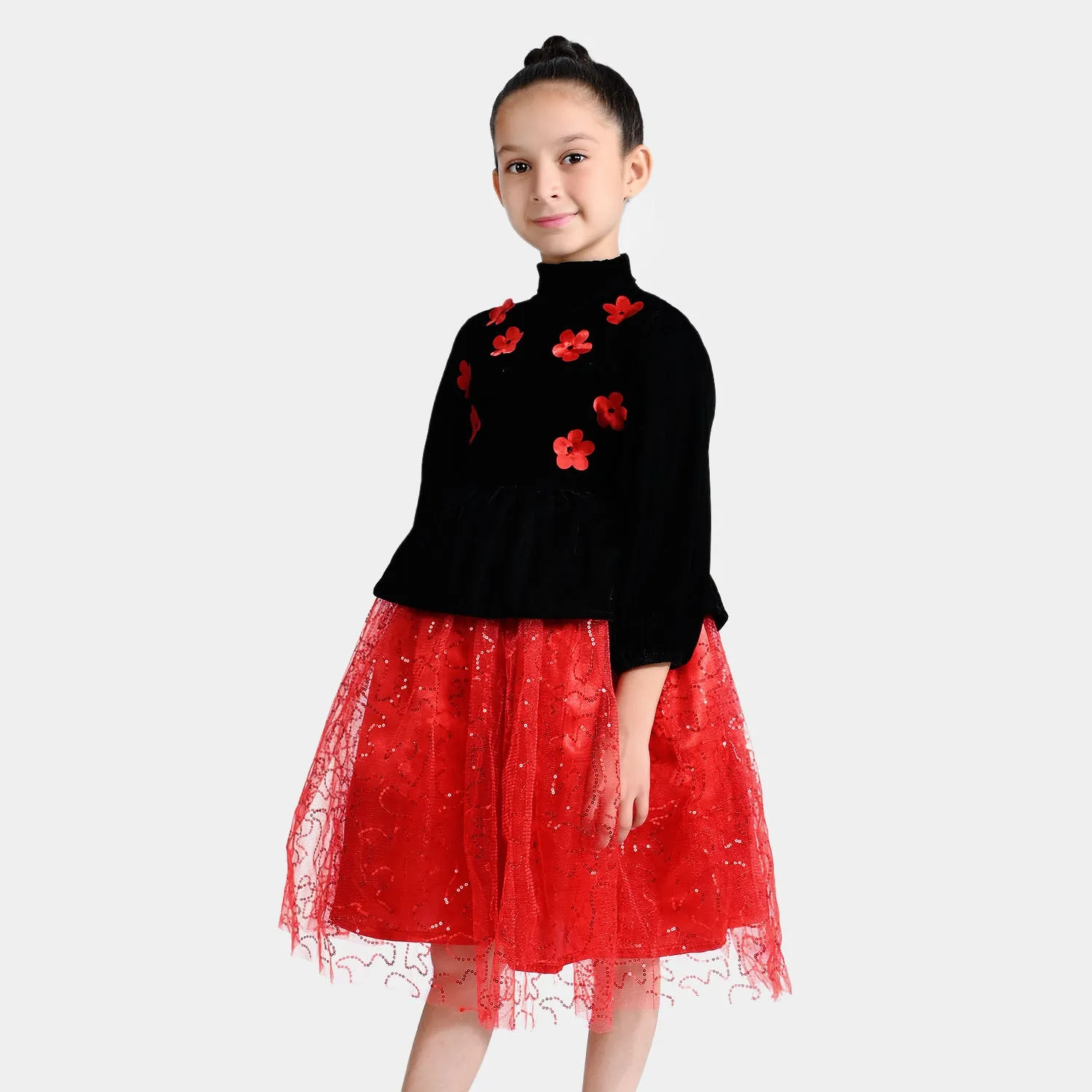 Girls Velvet & Net Fancy Frock Sequence-B.Red