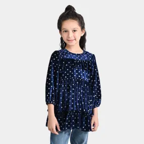 Girls Velvet Dress Polka Dot-Navy Blue