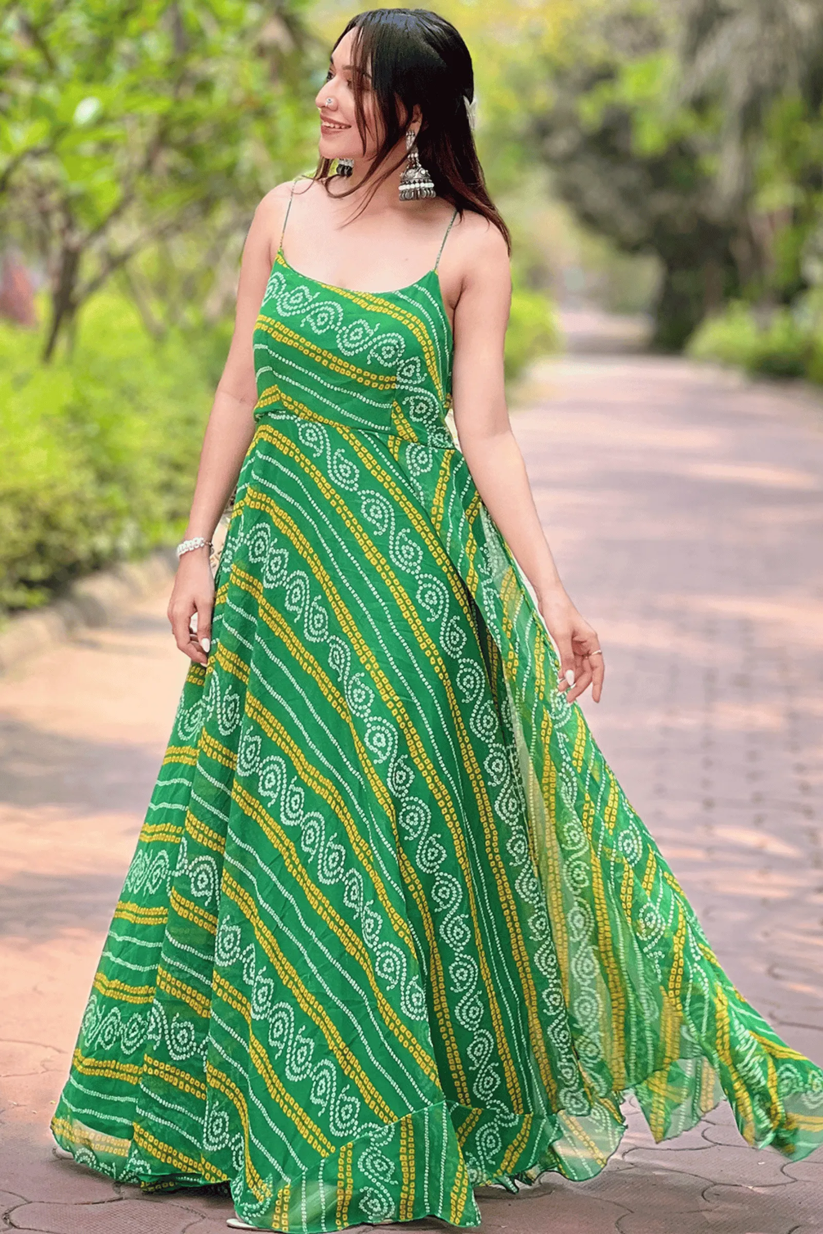 Glamwiz Emerald Bandhej Anarkali Gown