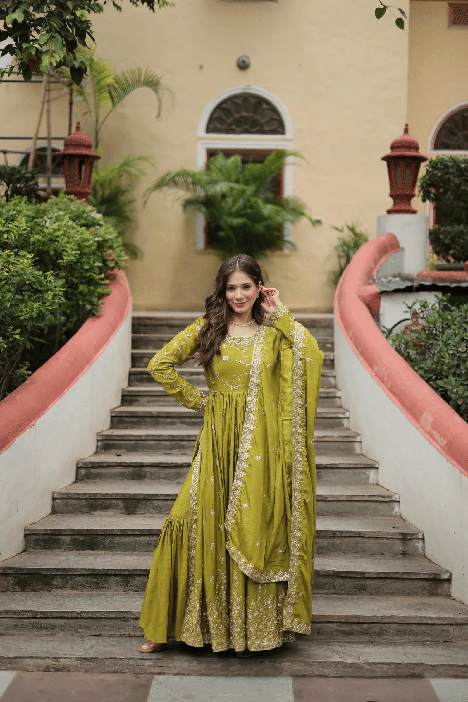 Glamwiz Olive Green Sharara Suit Set