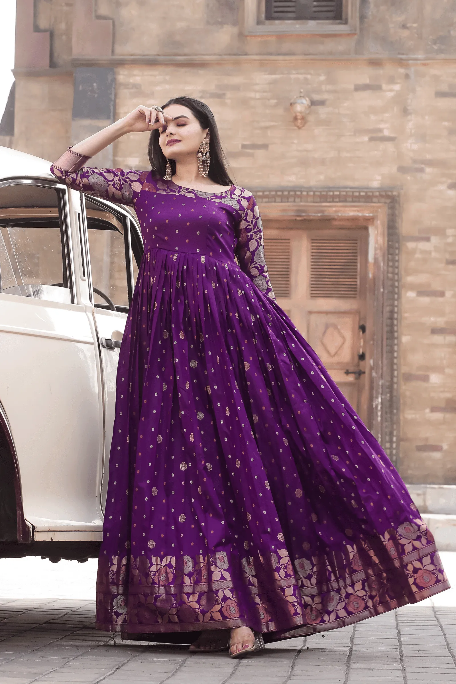 Glamwiz Royal Wine Banarasi Anarkali Gown