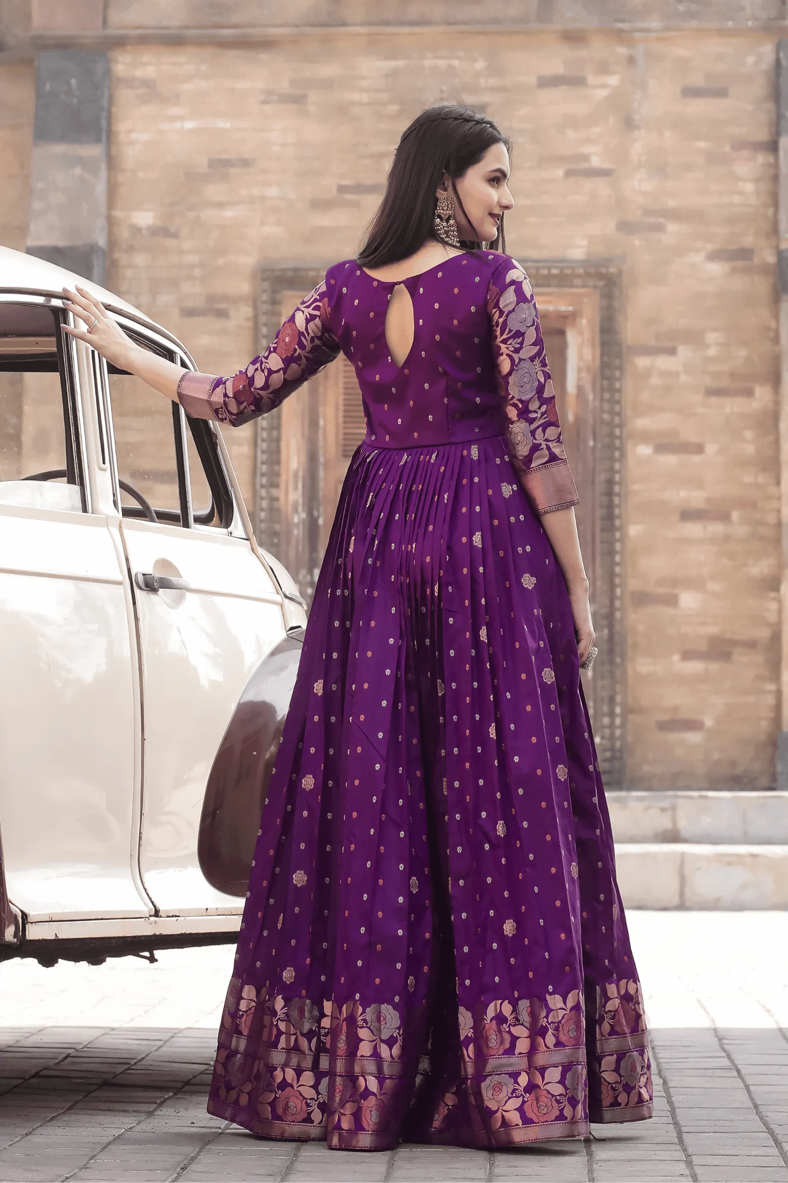 Glamwiz Royal Wine Banarasi Anarkali Gown