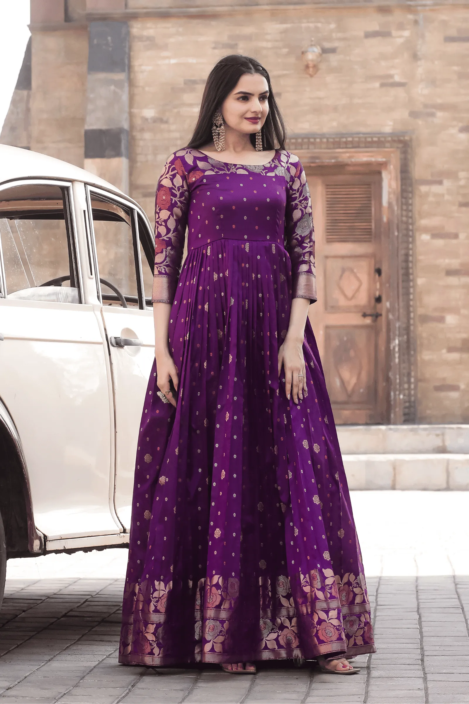 Glamwiz Royal Wine Banarasi Anarkali Gown