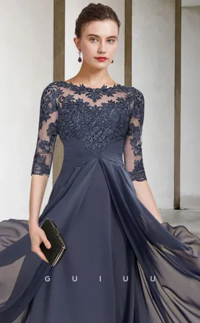 GM008 - Elegant A-Line Scoop Neck Long Sleeves Appliques  Floor Length Chiffon Formal Wedding Guest Mother of the Bride Dress