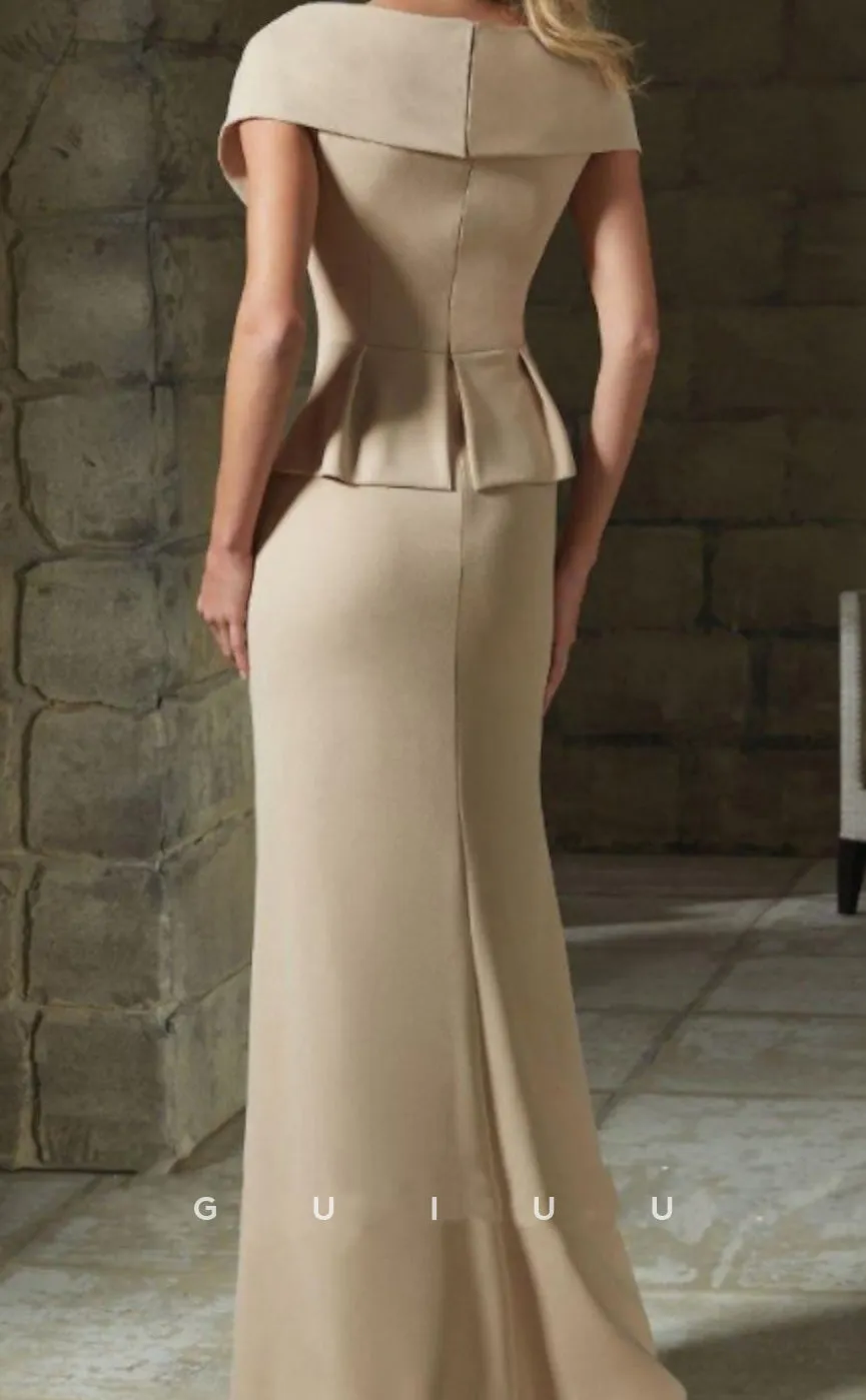 GM061 -  Sheath V Neck Floor Length Short Sleeve Ruffles Back Zipper Mother of the Bride Dress