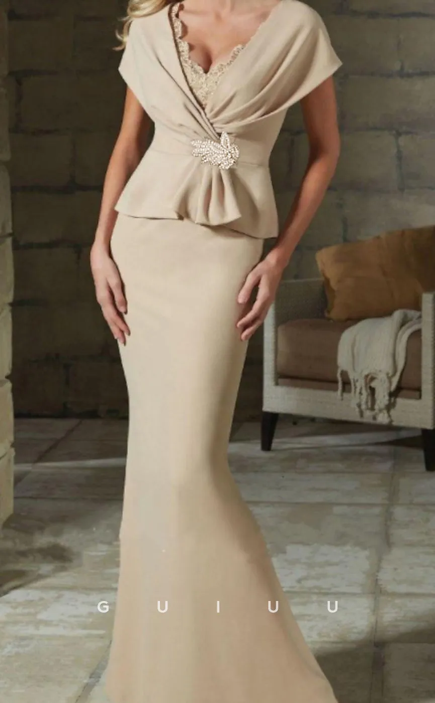 GM061 -  Sheath V Neck Floor Length Short Sleeve Ruffles Back Zipper Mother of the Bride Dress