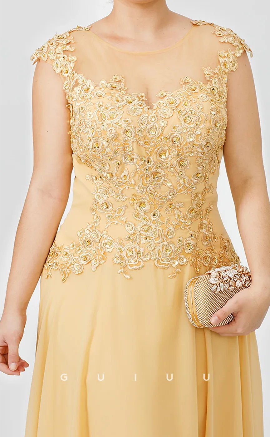 GM094 - A-Line V Neck Short Sleeves Back Zipper Appliques Chiffon Mother of the Bride Dress