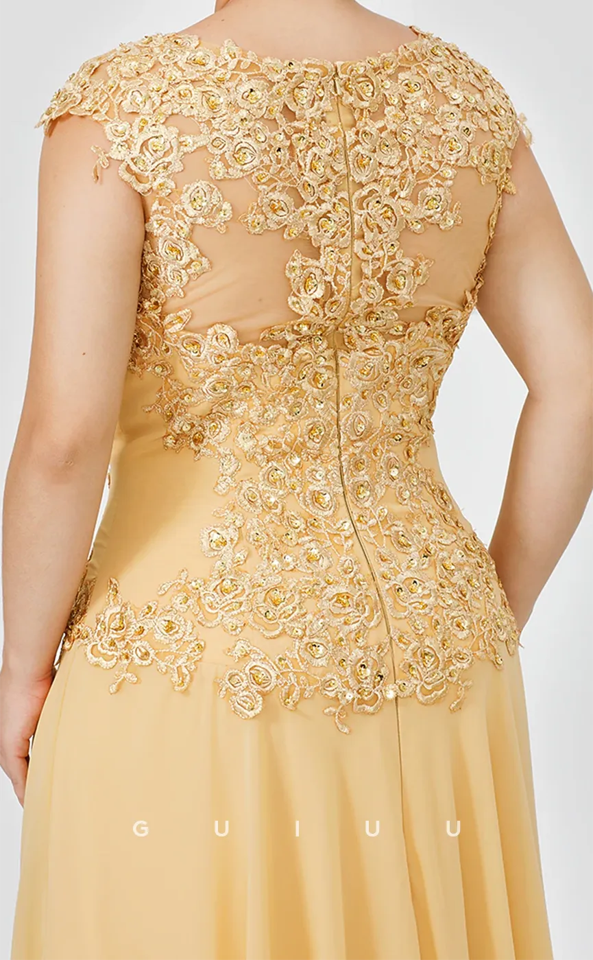 GM094 - A-Line V Neck Short Sleeves Back Zipper Appliques Chiffon Mother of the Bride Dress