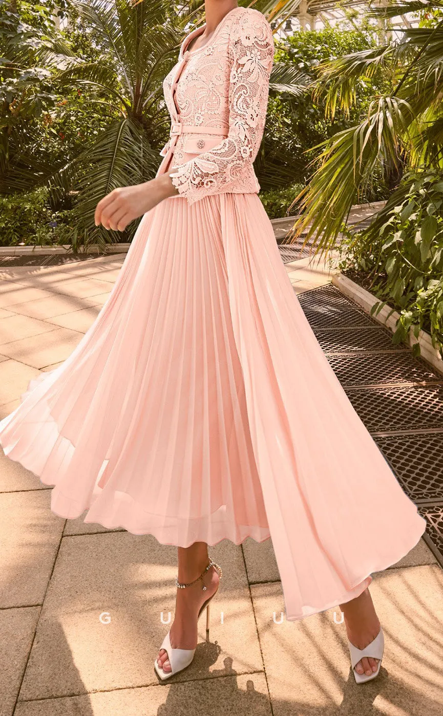 GM143 - A-Line Two Piece Square Neck Short Sleeves Knee Length Chiffon Mother of Bride Dress