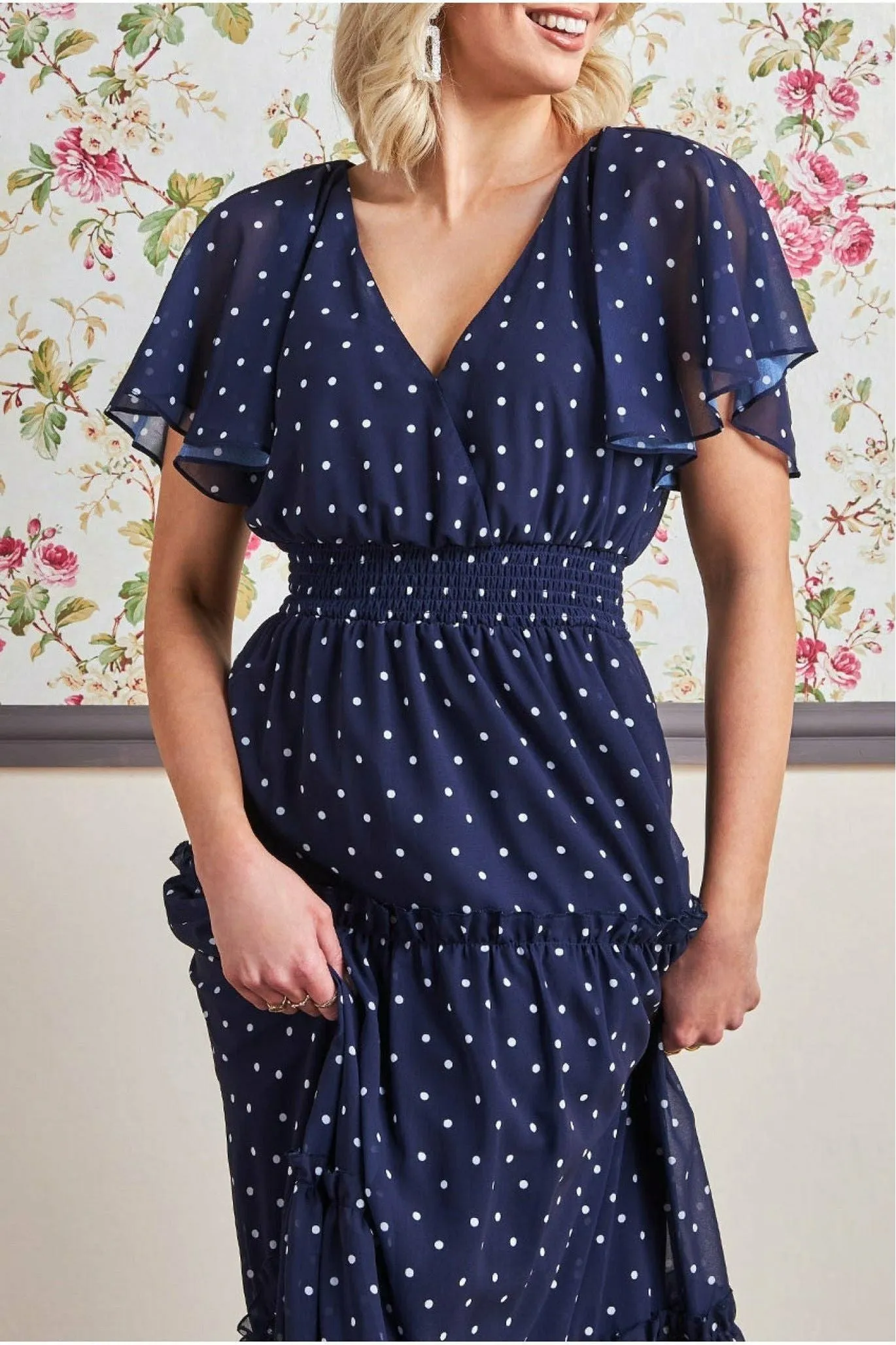 Goddiva Polka Dot Tiered Chiffon Maxi Dress - Navy