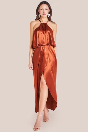 Goddiva Satin Viscose Front Wrap Midaxi Dress - Brown