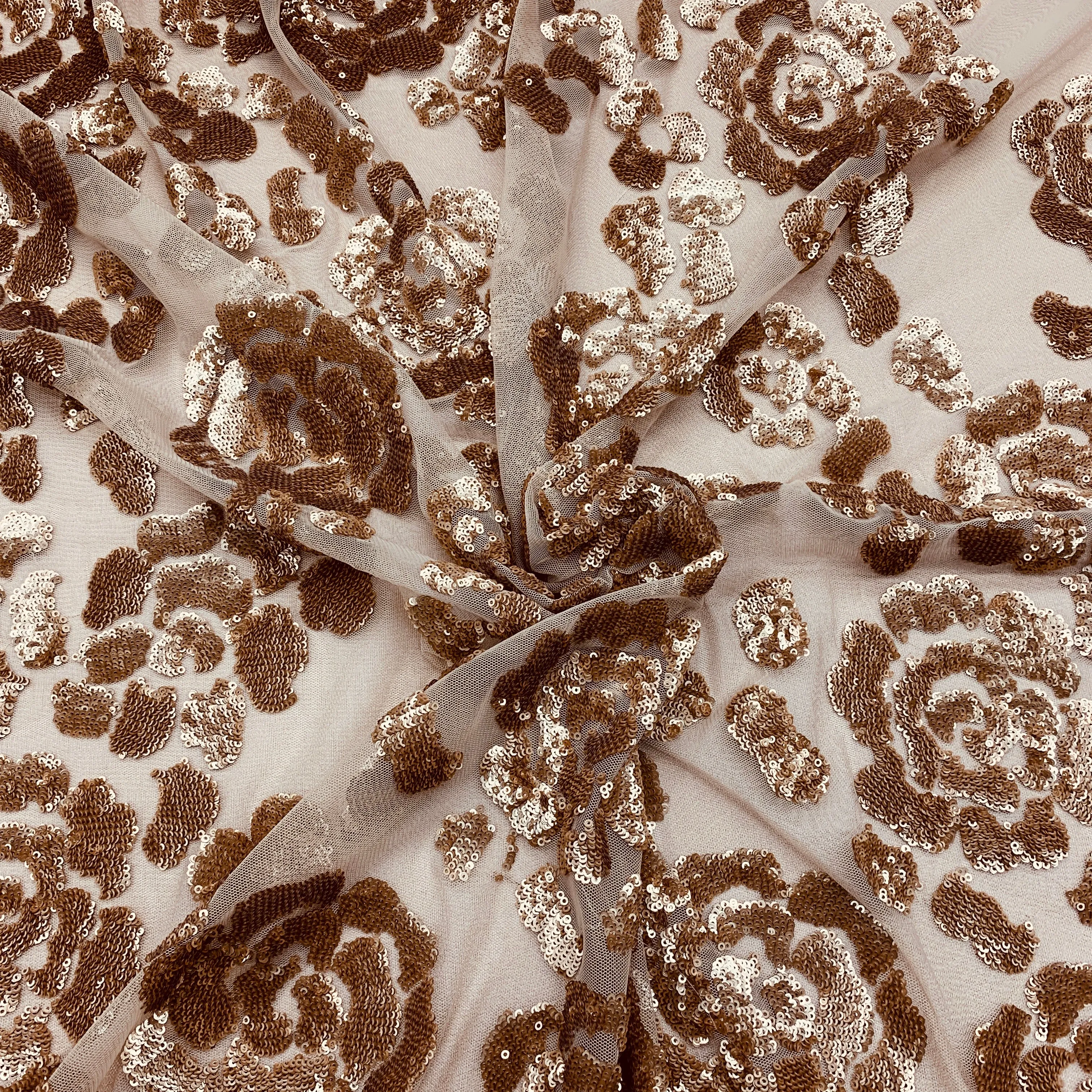 Gold Sequins Floral Embroidered Tulle Fabric