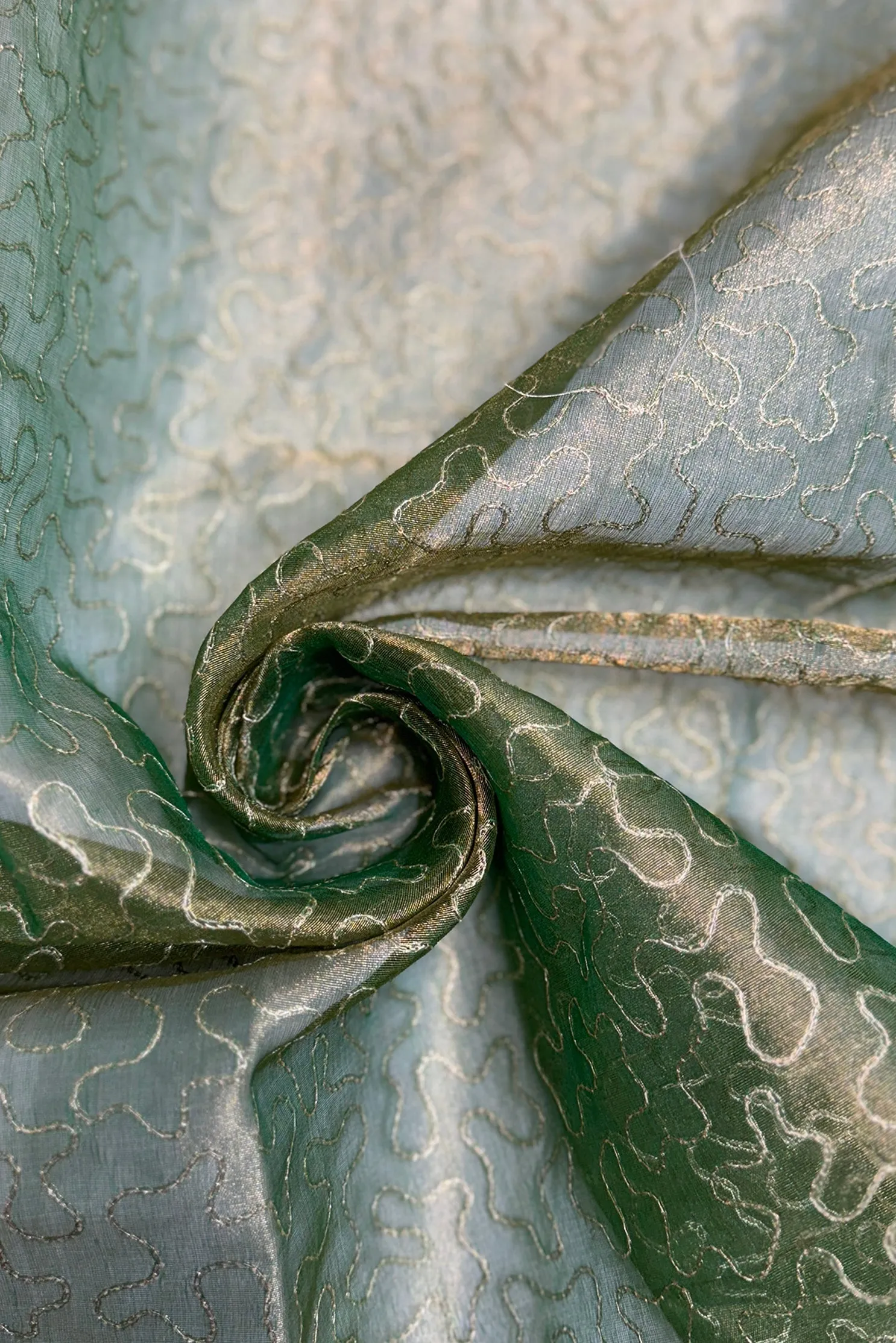 Golden Green Organza with Gold Thread Tissue Metallic Embroidery