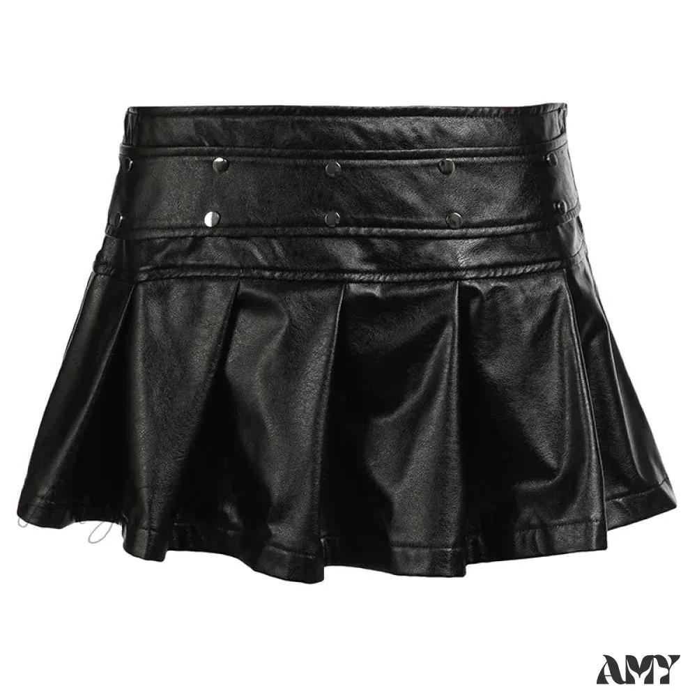 Gothic Leather Pleated Short Black Side Zipper  A-line Fashion Skirt