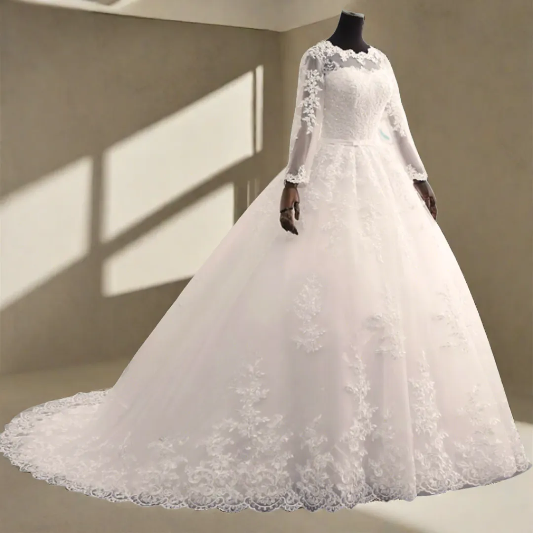 GownLink Divine White Wedding Train Gown with Long Train long Sleeves GLR017