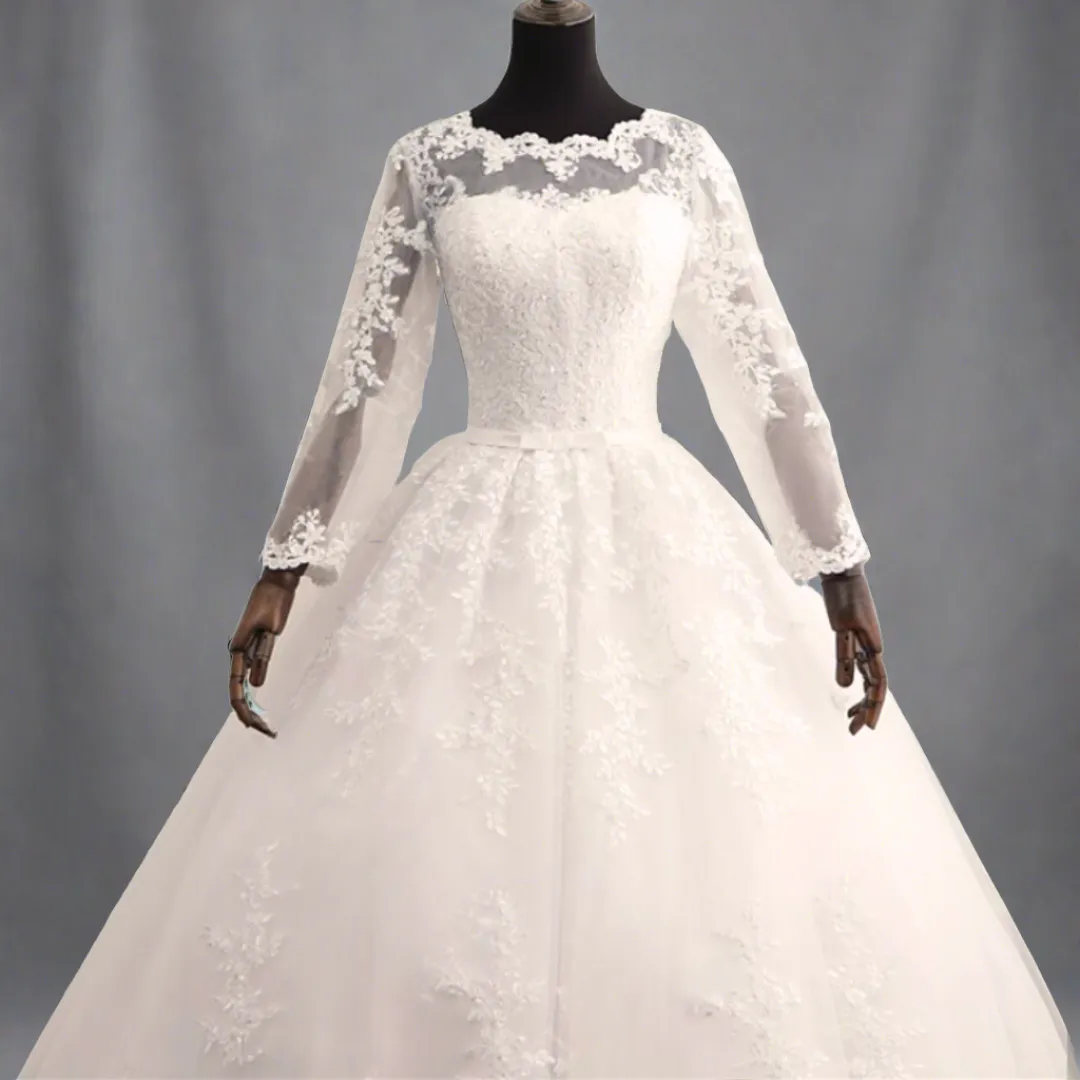 GownLink Divine White Wedding Train Gown with Long Train long Sleeves GLR017