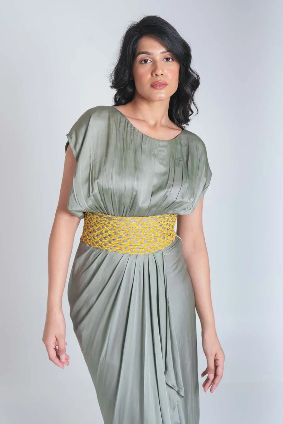 Green-Yellow Braided Drape Dress